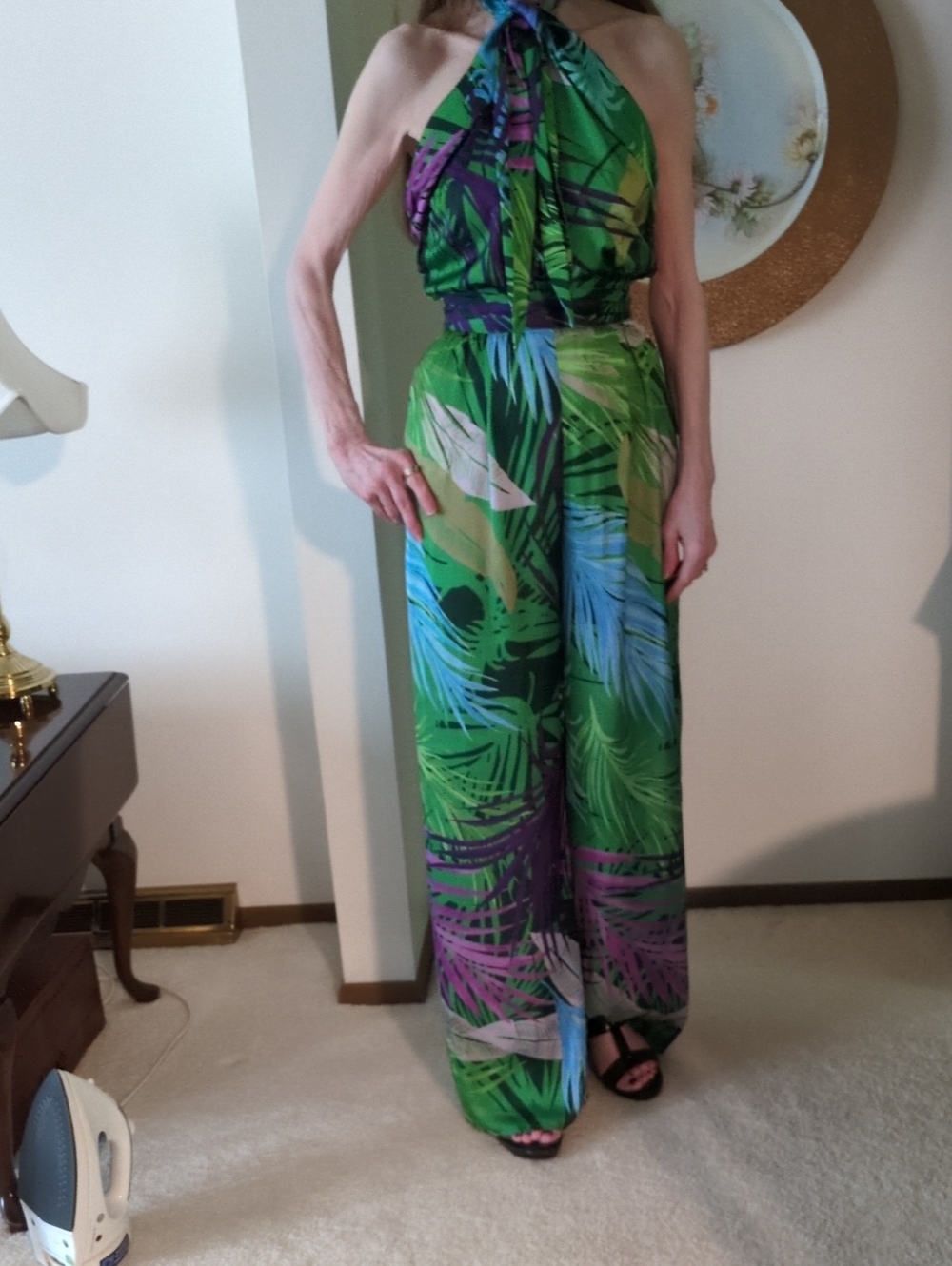 Zara Green Tropical Print Halter Jumpsuit